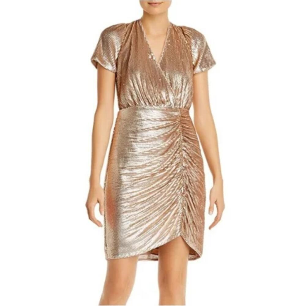 Aidan Mattox Gold Sequined Short Sleeve Mini Sheath Cocktail Dress Size 8